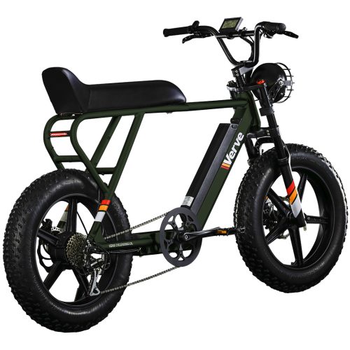 Verve Pantera Mattgrün Das Verve Pantera in Mattgrün ist das Prunkstück von Verve und derzeit eines unserer besten Elektro-Fatbikes. Sie fahren mit dem Verve Pantera ohne obligatorische Versicherung (wir empfehlen eine), einen Führerschein und jedes Alter kann dieses Elektrofahrrad fahren. Der herausnehmbare Akku hat eine Reichweite von bis zu 70 Kilometern und eine Geschwindigkeit von 25 km/h. Der Verve Pantera verfügt über eine integrierte Beleuchtung und einen stabilen Sattel für lange Fahrten.